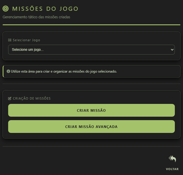 Tela Missões do jogo com campo Selecionar Jogo, aviso de uso da área, botões Criar Missão, Criar Missão Avançada e opção Voltar.